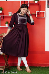 Rayon embroidered kurtis, three-quarter sleeves, Indian women's fashion
